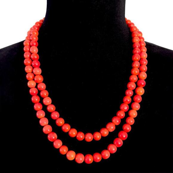 Alice Caviness Coral Glass Bead Double Necklace 22.5" Signed Grandma Vintage - Picture 2 of 9